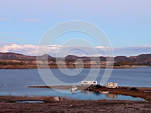 Campers and Boats Parked on Lake Pleasant Shoreline