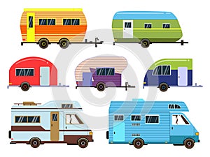 Campers cars set. Different resort trailers. Vector pictures in flat style