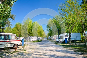 Campers parked in a camping, Italy