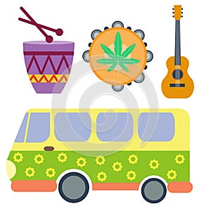 Campers vacation travel car and rastafarian music holiday trailer house vector illustration flat transport