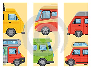 Campers vacation travel car summer brochure nature holiday trailer house cards vector illustration flat transport