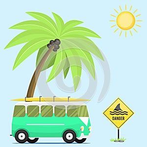 Campers vacation travel car summer nature background holiday trailer house vector illustration flat transport