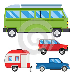 Campers vacation travel car summer nature holiday trailer house vector illustration flat transport