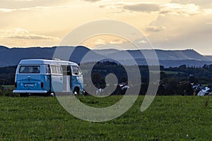 campervan german volkswagen at sundown landscape evening