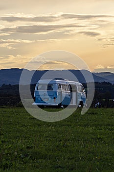 campervan german volkswagen at sundown landscape evening