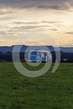 campervan german volkswagen at sundown landscape evening