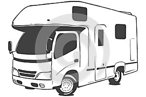 Campervan vector black illustration isolated on white background. Hand drawn illustration.