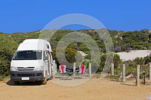 Campervan wild camping dunes, Australia