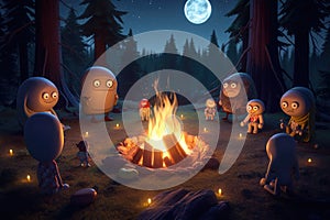 campfire with aliens surrounding it, roasting marshmallows and telling ghost stories