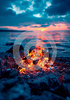 Campfire on the beach at night, summer memories, glowing embers