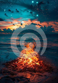 Campfire on the beach at night, summer memories, glowing embers