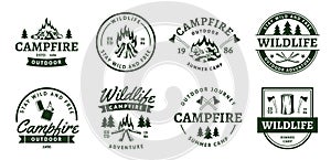 Campfire black emblems. Adventure design labels, burning firewood and woodpiles, axes and bonfires, hiking elements for