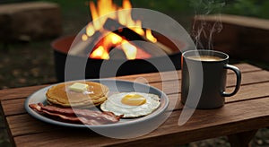 Campfire Breakfast: Pancakes, Bacon, and Egg with Coffee