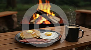 Campfire Breakfast: Pancakes, Eggs, and Bacon with Coffee