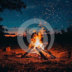 Campfire burning bright in night field