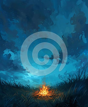 Campfire burning bright in open field