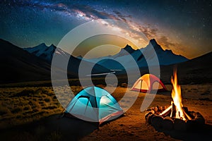 A campfire burning bright under a starry night sky, with tents pitched nearby for a cozy camping experience