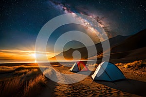 A campfire burning bright under a starry night sky, with tents pitched nearby for a cozy camping experience