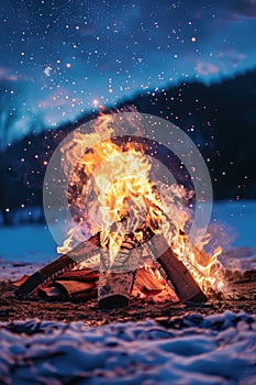 A campfire burning brightly in the middle of a snowy field, creating warmth and light in the cold winter night