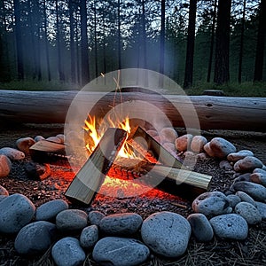 A campfire is burning within a circle of smooth, round stones in a forest setting. Logs