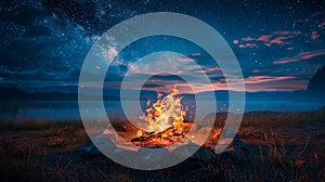 Campfire Burning in Field at Night photo