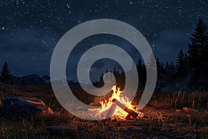 A campfire burning in the middle of a field under a starry sky at night, surrounded by friends, A cozy bonfire on a starry night