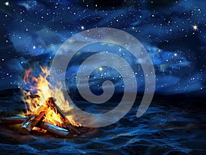 Campfire burning in middle of water