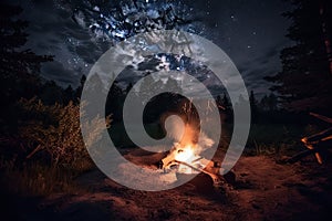 campfire burning, surrounded by the darkness of night sky