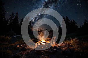 campfire burning, surrounded by the darkness of night sky