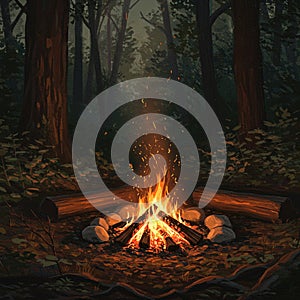 A campfire burns brightly in the center of a dense forest at night. The fire is