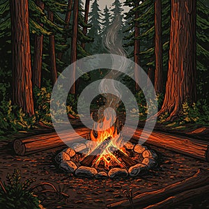 A campfire burns brightly in a forest setting, surrounded by a circle of large stones.