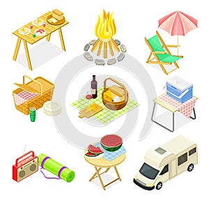 Campfire, Camper Van and Hamper with Food as Picnic and Summer Outdoors Meal Isometric Vector Set