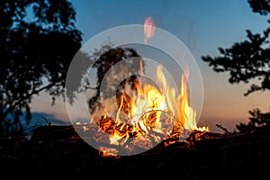 Campfire on a cliff by the rock