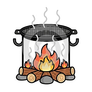 campfire with cooking grate and logs