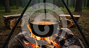 Campfire Cooking Stew in Forest Setting