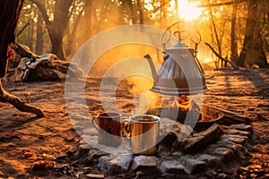 campfire with cowboy coffee pot in morning light