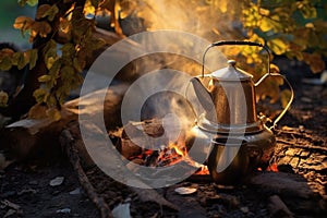 campfire with cowboy coffee pot in morning light