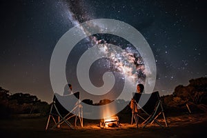 campfire crackling as two people sit on camping chairs, looking at the stars