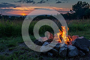 A campfire crackling in a field as the sun sets in the background, A bonfire crackling in the crisp evening air