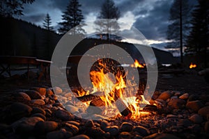 Campfire crackling under a starry night sky in the wild - stock photography concepts