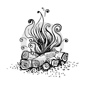 Campfire, fire over wood logs. Black and white graphic vector illustration, isolated on white.