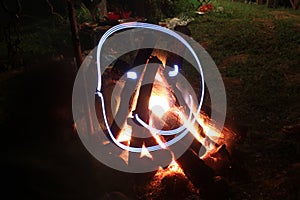 Campfire in fire pit at campsite.