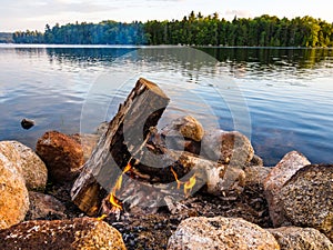 Campfire, Fire Ring, Along Forest and River in Maine