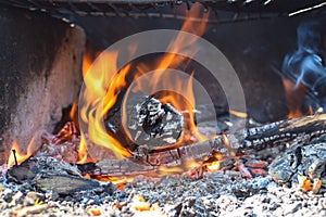 Campfire flame and embers of firewood on a picnic close up