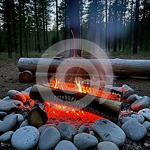A campfire in a forest setting with tall evergreen trees. The fire is surrounded by a ring