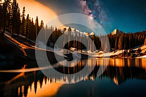 A campfire glowing warmly as hikers gather around it, with a starry night sky above and a lake reflecting the scene