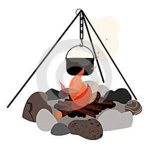 Campfire and hanger with a cooking pot hanging from it. Vector illustration