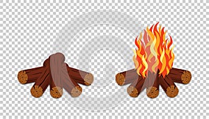 Campfire isolated on transparent background. Burning bonfire with wood and flame. Campfire in cartoon style photo