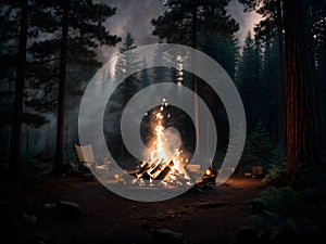A campfire in the middle of forest