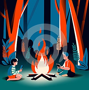 Campfire Night Outdoors Vector Scene